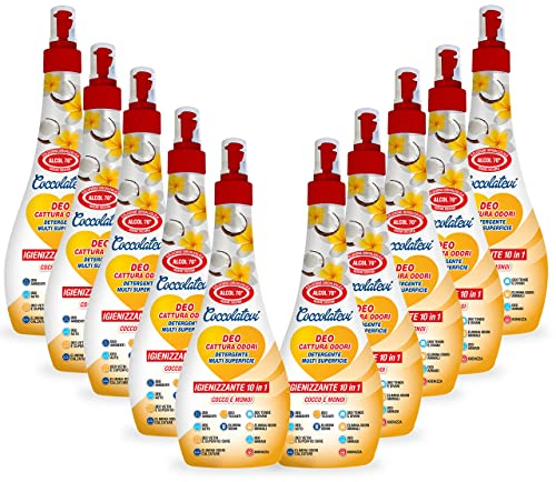 COCCOLATEVI Deo 10 in 1 Cocco e Monoi 300 ml x 10 Cattura Odori, Detergente Igienizzante Multi Superficie con Alcol 50°, Igienizza, Pulisce, Deodora e Profuma