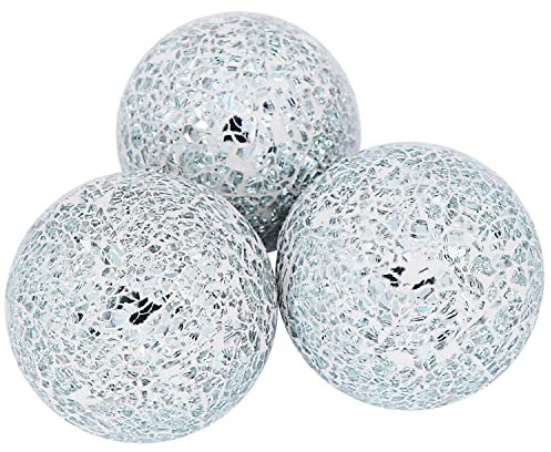 Decorative Orbs Set of 3 Glass Mosaic Sphere Balls Diameter 3.15 for Bowls, Vases and Dining Table Centerpieces (Silver White)