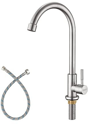 KirlystonE Rubinetto da cucina solo per acqua fredda, in acciaio inox massiccio, montaggio a ponte per lavello esterno con linea di alimentazione