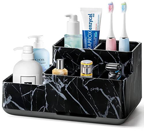 Porta Spazzolino Elettrico, Porta Spazzolini Bagno Antiscivolo Staccabile Organizer Bagno con 6 Scomparti e Fori di Drenaggio per Bagno, Cucina e Famiglia (Marmo Nero)