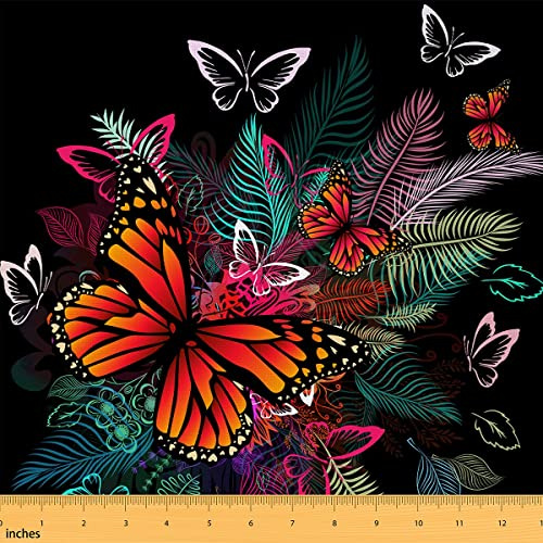 Boho Schmetterlingsstoff Meterware Palmen Polsterstoff Tropische Hawaiianische Pflanzenblätter Dekostoff Retro Wildtiere Drinnen Draußen Stoff Wasserdichtes Bastel Patchwork Grün Rot 92 x 150 (HxB)