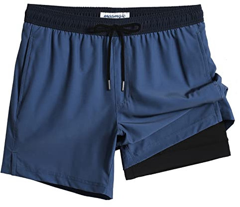 MaaMgic Short de Bain Homme Maillot 2-in-1 Séchage Rapide Slip Doublure pour Vacances sur la Plage Sport Surf 5.5,Bleu Gris Noir,XL