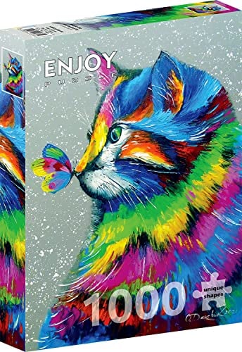 Enjoy Puzzle - 1000 Teile Jigsaw Puzzle für Erwachsene - Matte Finish, Soft Touch, Sturdy und Unique Pieces, Tight Fit, Vivid Colors, Modern Style - Cute Rainbow Cat and Butterfly Painting