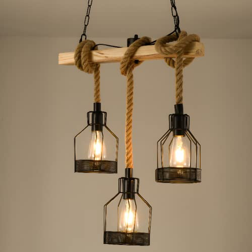 Isla de cocina rústica Iluminación colgante Casa de campo Lámpara de viga de madera Diseño lineal Industrial 5 luces Lámpara colgante Lámpara colgante de techo de jaula de metal vintage para comedor