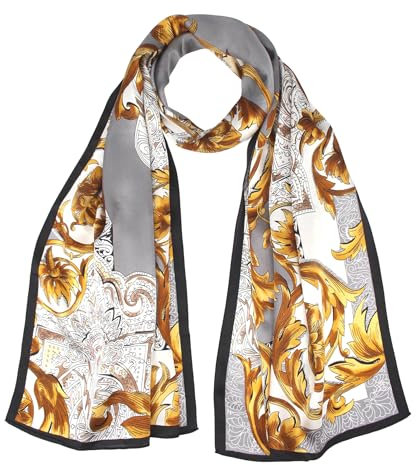 ANDANTINO Langer Schal für Damen, 100 % Maulbeerseide, große Schals für Kopftuch und Hals, längliche Haarwickel, mit Geschenkverpackung, Gold und Grau, Large