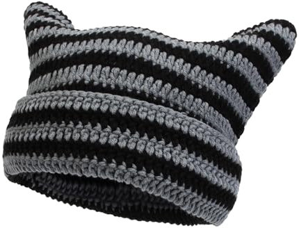 QKURT 1PACK Gestreifte Strickmütze, Gestrickte Mütze mit Katzenohren, Beanie-Mütze mit gestricktem Streifenmuster, Warme Beaniemütze, Gestrickte Beaniemütze, Thermische Weiche Beaniemütze.