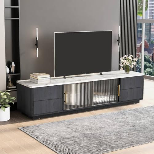 Sweiko Meuble TV à 4 tiroirs avec fonction Push-to-Open, console multimédia, gestion des câbles, armoire de rangement pour téléviseur de 70 (gris)