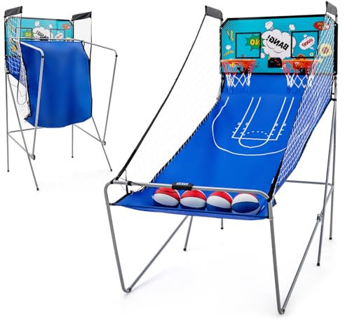 GOPLUS Jeu de Basketball Arcade Pliable, 2 Paniers et 4 Ballons, 8 Modes de Jeux, Capteur Électrique, LED Score, 4 Boutons de Fonctionnement, 207 x 108 x 205CM (Bleu+Vert)