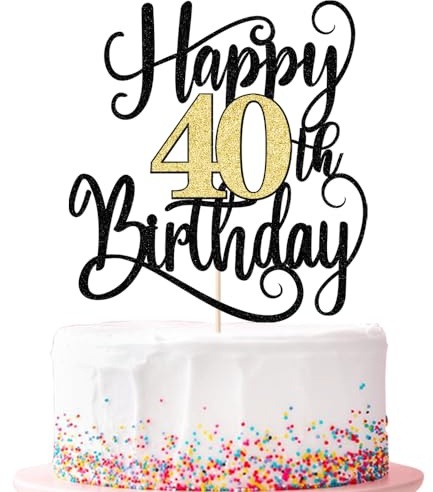 Ruscalin happy 40th birthday cake topper,40 birthday party cake decorations | Black and gold glitter 40 Anniversary/Birthday - Hello 40, Cheers to 40 Years,40 & Fabulous Cake Topper Party Decoration
