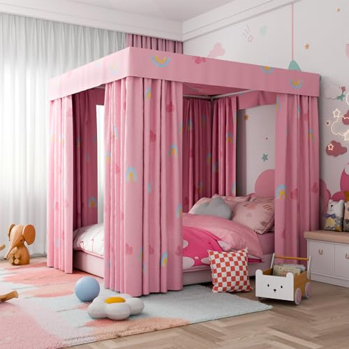 Hvqic Betthimmel-Vorhänge mit 4 Eckpfosten, lichtdicht, Prinzessinnen-Betthimmel für Mädchen, Regenbogen-Baldachin, Bettvorhänge für Kinderzimmer, Dekoration, Kingsize, Rosa Wolke