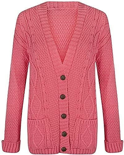 OutfitsbySMILE Women's Ladies Long Sleeve Button Top Chunky Aran Cable Knitted Grandad Cardigan Coral UK Size 24/26