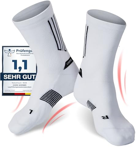 CORE GORIMO - Laufsocken Kompression - Anti-Blasen Schutz - Kompressionssocken Damen & Herren zum laufen, running und beim Sport (43-46, Weiß)
