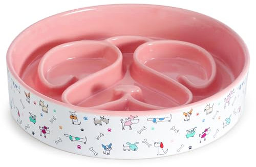 PawMeow Ceramic Slow Feeder Dog Bowl, 1.5 Cups Slow Feeding Dog Bowl for Small Medium Breed, Dog Food Bowl for Fast Eaters, Puzzle Maze Dog Dish Preventing Choking(Pink)
