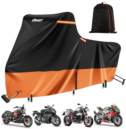 Motorradabdeckung Outdoor, 420D Motorradabdeckung Winterfest für Motorrad Touring Modelle, Premium-Qualität, UV, Regen und Staub Schutz Deluxe Edition 3XL(276x111x142CM Schwarz-Orange)