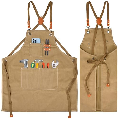 KOOOGEAR Delantal multifuncional de lona, delantal de trabajo, delantal de soldadura, delantal de cocina para barbacoa, cinturón creable, adecuado para cocina, jardín, forja, taller, marrón, Talla