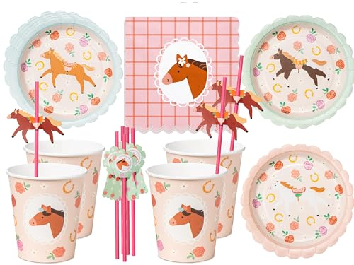 Vajilla de 48 piezas, diseño de pony, caballos dulces, cumpleaños, niñas, niños, fiestas, cumpleaños infantiles, adultos, vajilla de cartón, caballo, jinete, para 12 personas