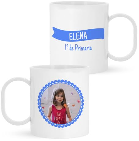 Taza de Plástico Personalizada Infantil Lazo Bandera Con Foto Y Nombre | Vuelta al Colegio/Guardería (Azul)