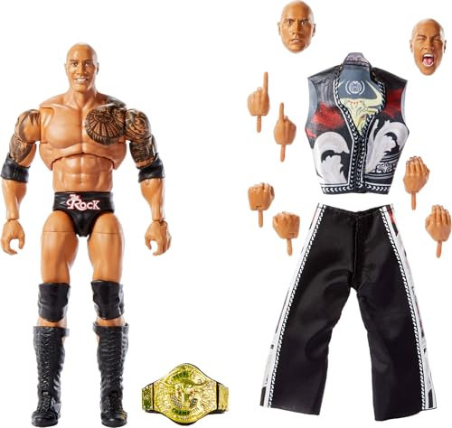 Mattel WWE Ultimate Edition Actionfigur & Zubehör, 15,2 cm The Rock Sammelset, austauschbare Köpfe & Hände, 30 Gelenkpunkte