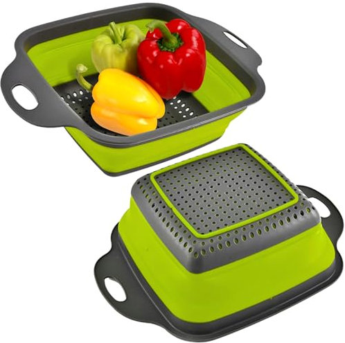 Colador cuadrado plegable con asas, colador de cocina de silicona cuadrado verde con asas de plástico, colador de cocina plegable perfecto para drenar pasta, verduras y frutas verde