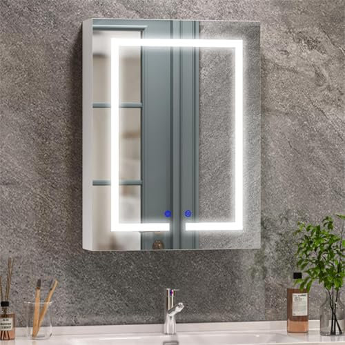 Jooli H LED Bathroom Mirror Cabinet, 500 x 660 mm Illuminated Bathroom Cabinet Mirror with 3 Colors Dimmable Lights, Shaver Socket, Demister Pad and Touch Sensor