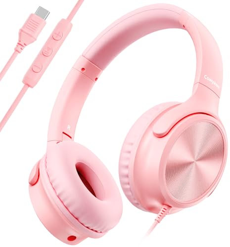 Cowyawn Casque Filaire USB C avec Microphone, contrôle du Volume, Son stéréo HD, Casque Pliable et léger pour Adulte/Adolescent/Chromebooks/Ordinateur Portable/Tablette/Voyage (Rose)