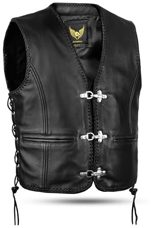Leatherick Schwarze Motorradweste aus echtem Leder | Geflochtene Bikerweste mit Angelhakenschnalle