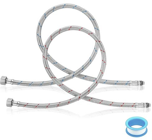 2 tubi corazzati da 3/8 pollici, prolunga per tubo del rubinetto, 80 cm, G3/8 x M10, tubo flessibile intrecciato in acciaio inox, con nastro di tenuta per miscelatore