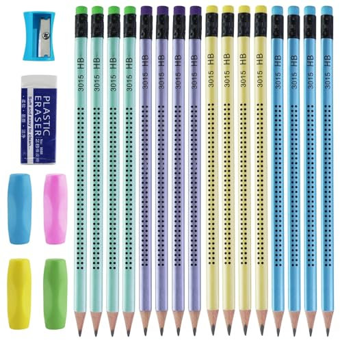 Matite triangolari per bambini, 16 matite in grafite antiscivolo, con 4 strumenti per scrivere e disegnare