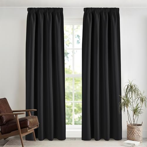 PONY DANCE Schwarze Blickdichte Gardinen mit Kräuselband für Schiene 2er Set H 260 x B 140 cm Thermovorhang Kälteschutz Wohnzimmer Deko Vorhänge Wärmeisolierend Blackout Curtains