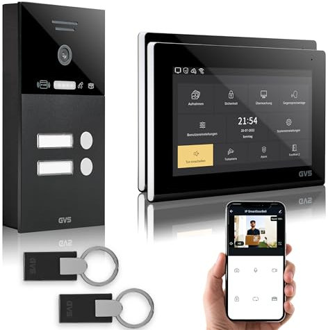 GVS - IP Video Türsprechanlage 2-Familienhaus mit Türöffner (RFID), HD Kamera, 2x7 Zoll Monitor & App - Smarte Video Türklingel mit Kamera & Gegensprechanlage (AVS4288A)