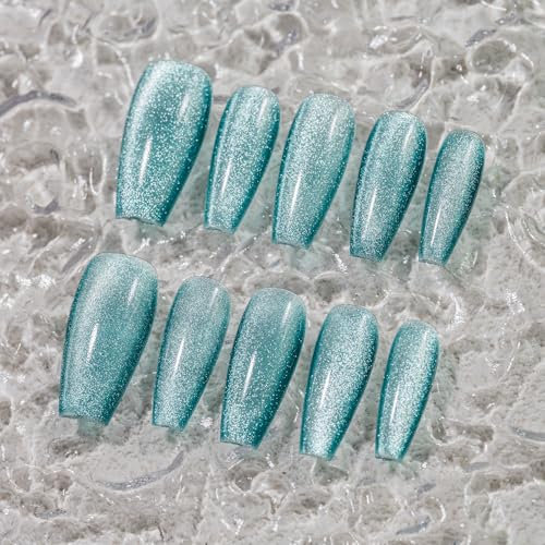 Sun&Beam Nails Handmade Press-on Medium Long Coffin Ballerina Blue Magnet Solid Color Minimalist Design Fashion False Nail Tips 10 Pcs Set (#250 XS)