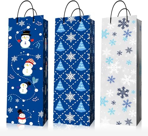 6 PCS Christmas Bottle Gift Bag Wine Gift Bag Christmas Wine Bottle Paper Bags Bulk Paper Gift Bags Reusable Cardboard Single Bottle Carry Tote with Handle for Wine Whiskey Spirits (Blue)