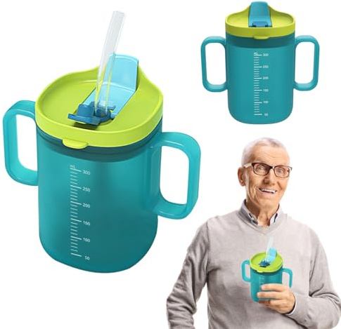 JurciCat Tasse à Bec 300ml pour Seniors avec Poignée Gobelet avec Paille et Couvercle Anti-Fuites pour Adultes Patients Âgés Handicapés Bleu
