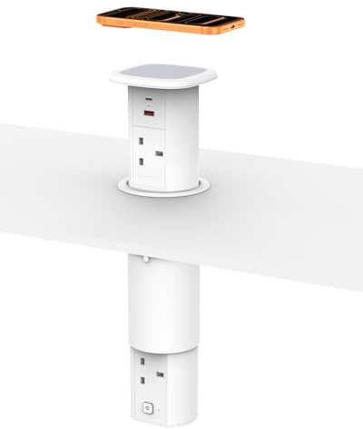 Pop Up Socket with 15W Wireless Charger, Haylink Recessed Power Socket with 5 UK Plug, 2 USB Ports, 1.8M Cable, Ø 85mm, Desk Plug Socket for Kitchen, Office Desk, Conference Room, White