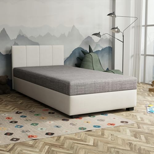 TAPCZANY24 - Boxspringbett Adel 120x200 cm mit Schaumstoff Matratze | Bett mit Matratze, Polsterbett mit Bettkasten, Gepolstertes Einzel Bett, Schlafsofa - Grau und Weiß