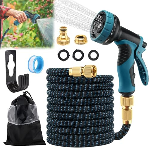 Gartenschlauch Flexibel 15m, Wasserschlauch mit 10-Funktionen-Sprühkopf, Leichter Flex Schlauch, Dehnbarer Gartenschläuche Hose, Zauberschlauch mit 1/2 und 3/4 Metallverbindung, Wandhalterung, Blau