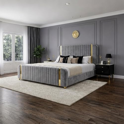 Dreamscape Beds Dakta Ottoman Storage Bed Frame Plush Velvet With Headboard, Lift-Up Storage, Strong Slats, Modern Panel Design - 5ft King Size Bed Only - Grey With Storage Ottoman GasLift