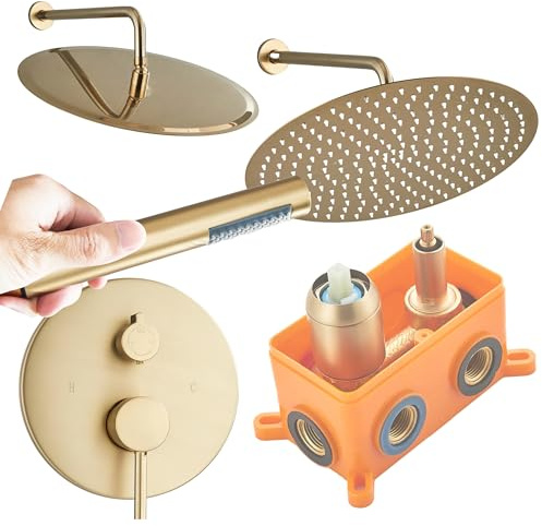 Ari Unterputz Duschset Circle Slim Regendusche mit Einbau-Box Duschsystem aus Messing und Edelstahl Rundes Duscharmatur Set Unterputzmontage mit Handbrause und Keramikventil (30cm)