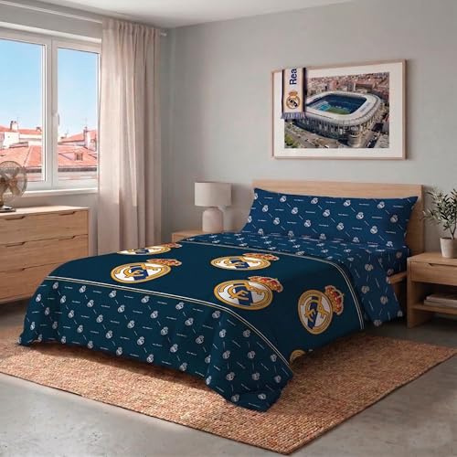 Real Madrid CF - Juego de Sábanas Verano 3 Piezas 100% Microfibra Oficial CF 2026 Modelo 1 Azul Marino – Suave, Resistente y Diseño Exclusivo, Escudo (Cama 135 cm)
