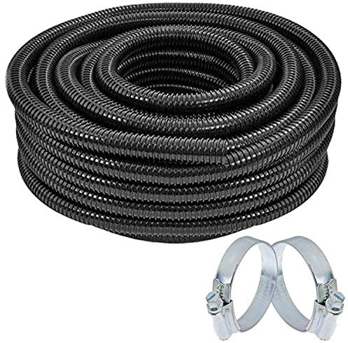 SPARES2GO Pond Hose Corrugated Flexible Filter Pipe Flexi Tube + 2 Clamp Clips (Inner 25mm, 15M)