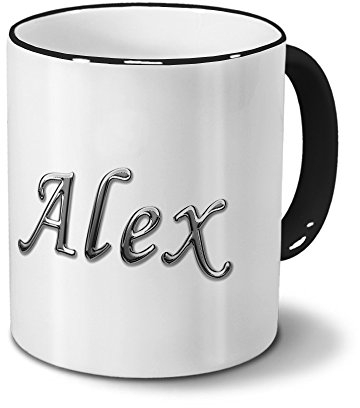 printplanet Tasse mit Namen Alex - Motiv Chrom-Schriftzug - Namenstasse, Kaffeebecher, Mug, Becher, Kaffeetasse - Farbe Schwarz