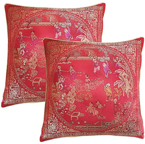 Xiaoyztan Une Paire de taies d'oreiller brodées de 40,6 cm avec Motif de scène de Cour Rouge Orientale Chinoise Soyeuse décorative en Soie synthétique pour canapé