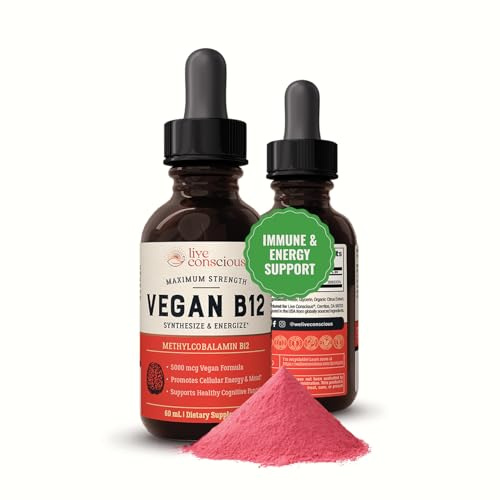 Live Conscious Vegan Vitamin B12 Sublingual Liquid Drops | Methylcobalamin Max Strength B12 5000mcg Formula | Vegan B 12 Vitamin Support Energy | Promote Memory & Aid Immune System | 60 Serving