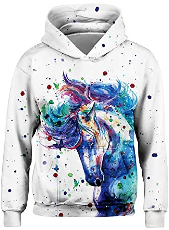 Freshhoodies Children Unicorn Hooded Hoodies Horse Funny Colorful Parttern Pullover Swearshirts White Kids Jackets With Pockets 8-10 Years (XL)