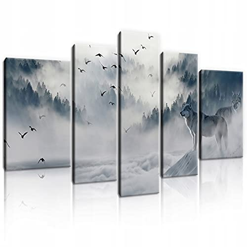WallArena Leinwand Bilder - Wolf Wald Nebel - 170x100 cm | Leinwandbilder, Bild auf leinwand, Wandbild XXL groß Wandbilder für Wohnzimmer Schlafzimmer Wohnzimmerbilder