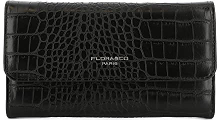 FLORA CO PARIS Portefeuille Femme Tout-en-Un Rabat 3 Volets - Compagnon Porte-chéquier Crocodile Grande Capacité - Porte-Cartes Monnaies Fourre-Tout Triple Pli - Chic Mode Tendance Elégant - Noir