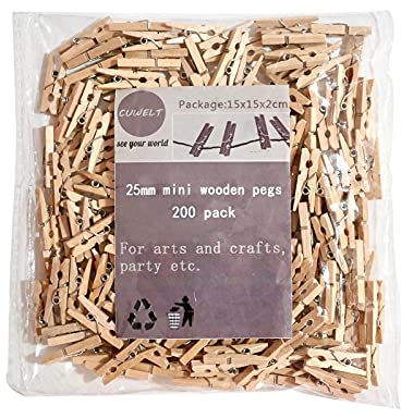 CUWELT 200 Pezzi Mini Mollette di Legno Naturale, 25 mm Miniatura Mollette, Decorative Mollettine di Legno Piccole, Mini Naturali Clip per Fai da Te, Decorazioni, Foto Biglietti Matrimonio DIY