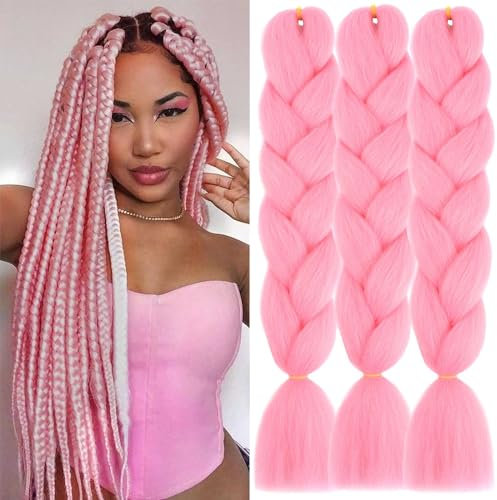 Xtrend 24Inch 3packs Braiding Hair Pink Kanekalon Jumbo Braids Hair Extension Jumbo Braiding for Twist Braiding Box Braids Crochet Hair (3Packs,Pink)…