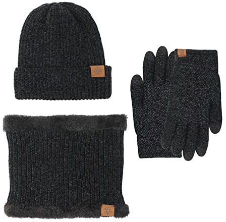 Mutze Schal Set Damen Grau, Wintermütze Handschuhe Damen Warme Beanie Winter Mütze Strickmütze Schal Gestrickte Handschuhe Verdickte Socken Plüsch Ohrenschützer Kombi Set Geschenk für Outdoor Sport
