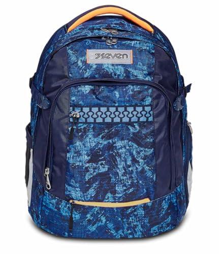 Seven Schulranzen ergonomisch, eweiterbar, anpassbar, Rucksack, Tornister mit verschiedenen Fächern, Tasche für Mädchen Jungen; höhenverstellbar, mit Brust- und Hüftgurt, orange, blau